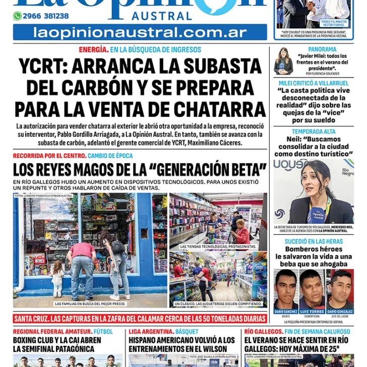 Tapa del Diario La Opinión Austral edición impresa del domingo 5 de enero de 2025, Río Gallegos, Santa Cruz, Argentina Tapa del Diario La Opinión Austral edición impresa del domingo 5 de enero de 2025, Río Gallegos, Santa Cruz, Argentina