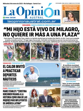 Tapa del Diario La Opinión Austral edición impresa del miércoles 8 de enero de 2025, Río Gallegos, Santa Cruz, Argentina Tapa del Diario La Opinión Austral edición impresa del miércoles 8 de enero de 2025, Río Gallegos, Santa Cruz, Argentina