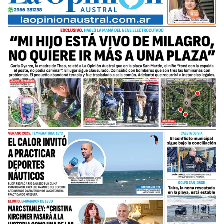 Tapa del Diario La Opinión Austral edición impresa del miércoles 8 de enero de 2025, Río Gallegos, Santa Cruz, Argentina Tapa del Diario La Opinión Austral edición impresa del miércoles 8 de enero de 2025, Río Gallegos, Santa Cruz, Argentina