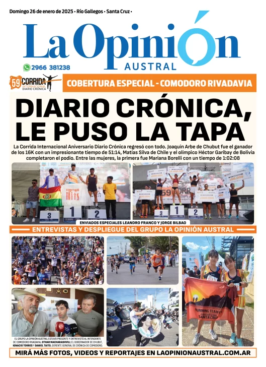 Tapa especial de La Opinión Austral: Corrida del Diario Crónica de Comodoro Rivadavia