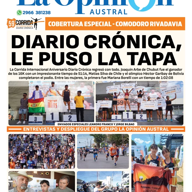 Tapa especial de La Opinión Austral: Corrida del Diario Crónica de Comodoro Rivadavia