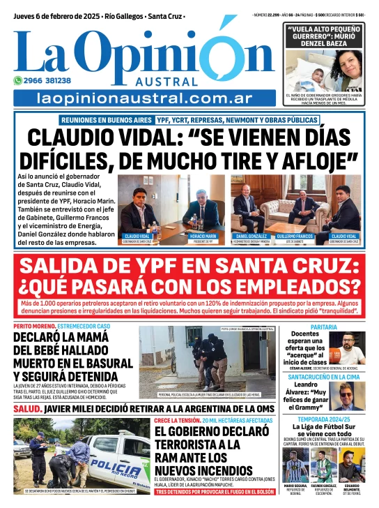 Tapa del Diario La Opinión Austral edición impresa del jueves 6 de febrero de 2025, Río Gallegos, Santa Cruz, Argentina