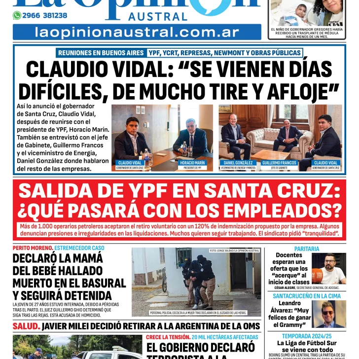 Tapa del Diario La Opinión Austral edición impresa del jueves 6 de febrero de 2025, Río Gallegos, Santa Cruz, Argentina
