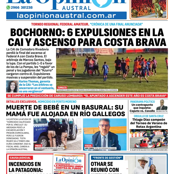 Tapa del Diario La Opinión Austral edición impresa del lunes 10 de febrero de 2025, Río Gallegos, Santa Cruz, Argentina Tapa del Diario La Opinión Austral edición impresa del lunes 10 de febrero de 2025, Río Gallegos, Santa Cruz, Argentina