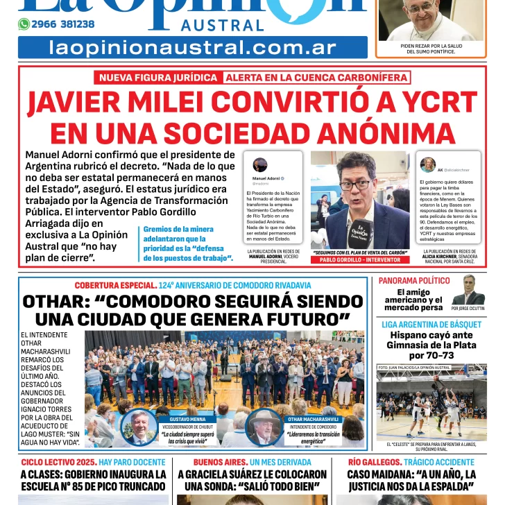 Tapa del Diario La Opinión Austral edición impresa del lunes 24 de febrero de 2025, Río Gallegos, Santa Cruz, Argentina