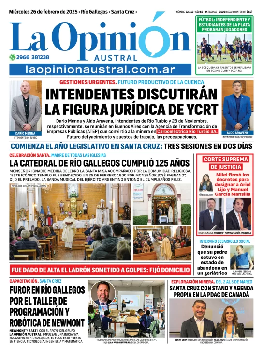 Tapa del Diario La Opinión Austral edición impresa del miércoles 26 de febrero de 2025, Río Gallegos, Santa Cruz, Argentina