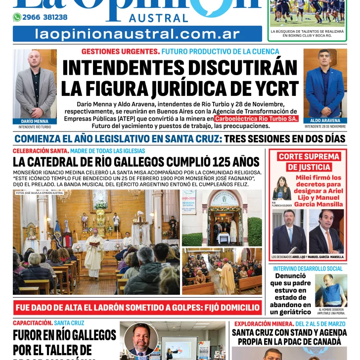 Tapa del Diario La Opinión Austral edición impresa del miércoles 26 de febrero de 2025, Río Gallegos, Santa Cruz, Argentina