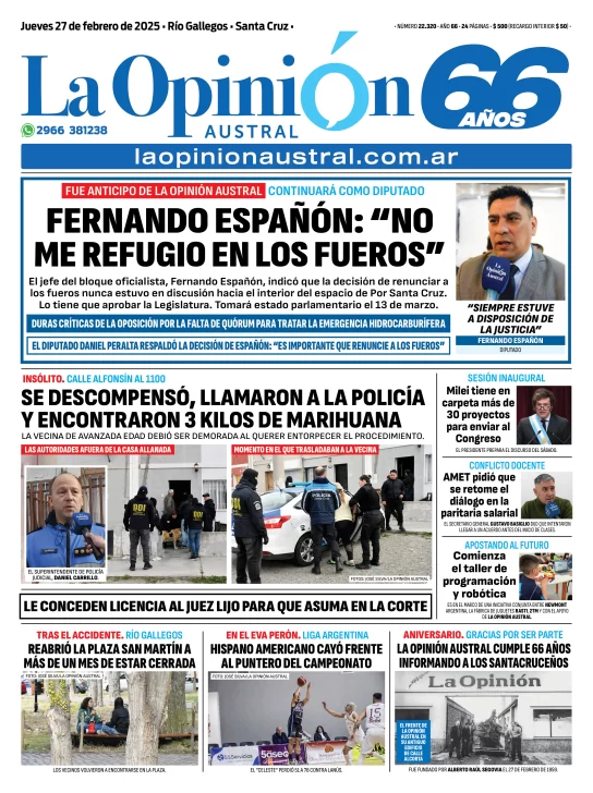 Tapa del Diario La Opinión Austral edición impresa del jueves 27 de febrero de 2025, Río Gallegos, Santa Cruz, Argentina