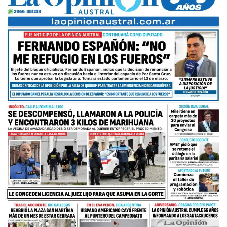 Tapa del Diario La Opinión Austral edición impresa del jueves 27 de febrero de 2025, Río Gallegos, Santa Cruz, Argentina