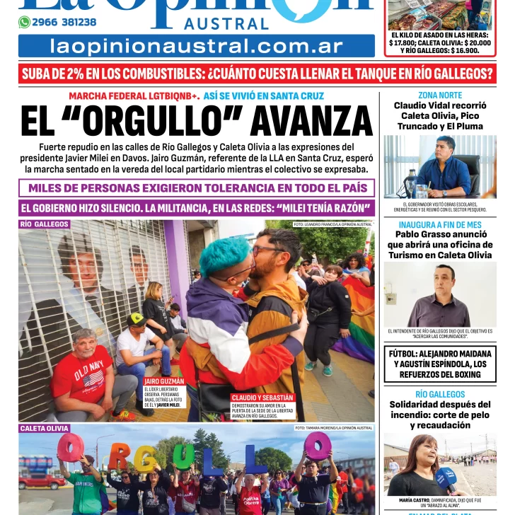 Tapa del Diario La Opinión Austral edición impresa del domingo 2 de febrero de 2025, Río Gallegos, Santa Cruz, Argentina