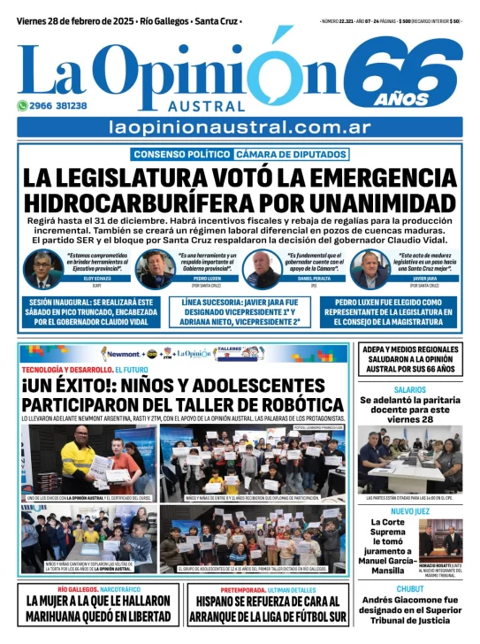 Tapa del Diario La Opinión Austral edición impresa del viernes 28 de febrero de 2025, Río Gallegos, Santa Cruz, Argentina