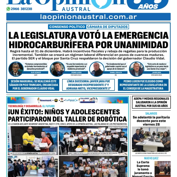 Tapa del Diario La Opinión Austral edición impresa del viernes 28 de febrero de 2025, Río Gallegos, Santa Cruz, Argentina