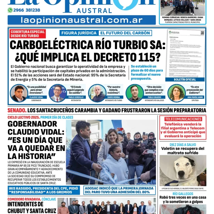 Tapa del Diario La Opinión Austral edición impresa del martes 25 de febrero de 2025, Río Gallegos, Santa Cruz, Argentina