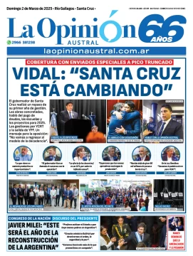 Tapa del Diario La Opinión Austral edición impresa del domingo 2 de marzo de 2025, Río Gallegos, Santa Cruz, Argentina