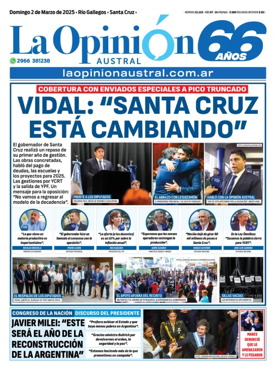 Tapa del Diario La Opinión Austral edición impresa del domingo 2 de marzo de 2025, Río Gallegos, Santa Cruz, Argentina