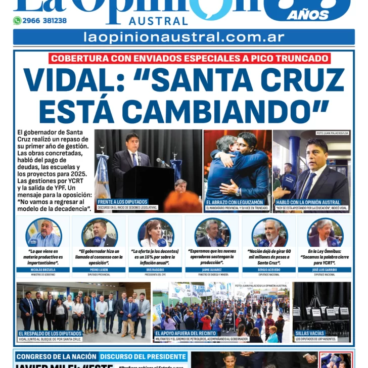 Tapa del Diario La Opinión Austral edición impresa del domingo 2 de marzo de 2025, Río Gallegos, Santa Cruz, Argentina