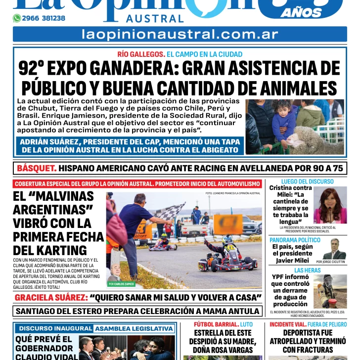 Tapa del Diario La Opinión Austral edición impresa del lunes 3 de marzo de 2025, Río Gallegos, Santa Cruz, Argentina