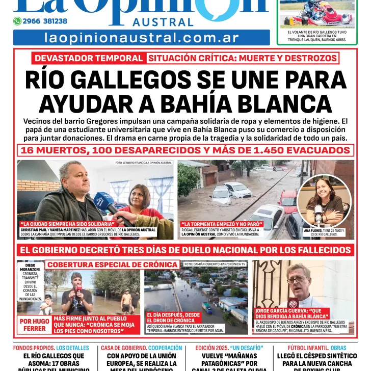 Tapa del Diario La Opinión Austral edición impresa del lunes 10 de marzo de 2025, Río Gallegos, Santa Cruz, Argentina