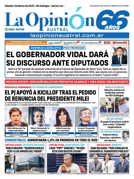 Tapa del Diario La Opinión Austral edición impresa del sábado 1 de marzo de 2025, Río Gallegos, Santa Cruz, Argentina