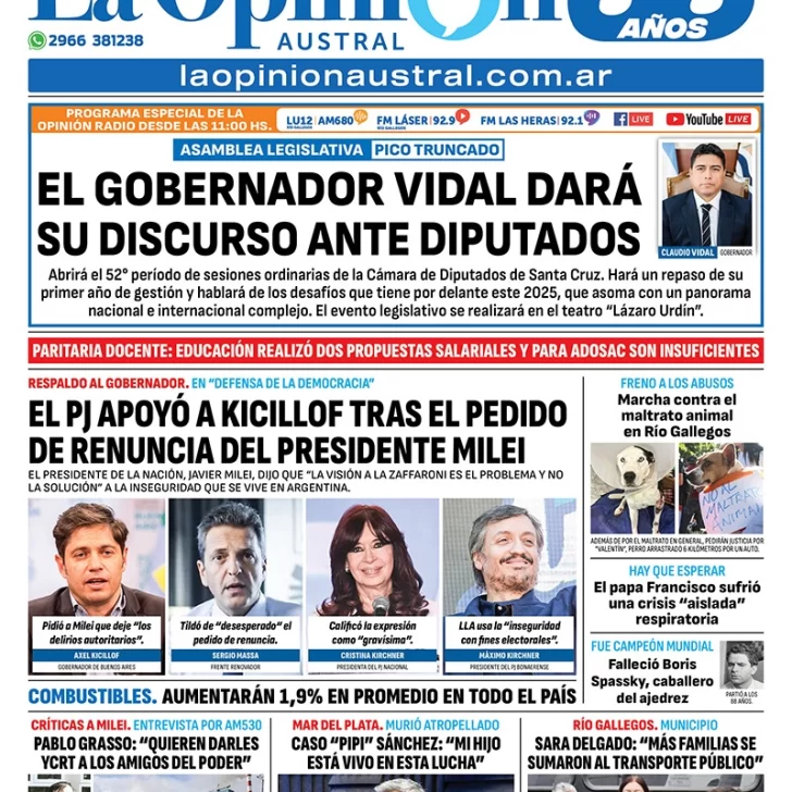 Tapa del Diario La Opinión Austral edición impresa del sábado 1 de marzo de 2025, Río Gallegos, Santa Cruz, Argentina