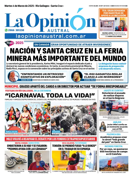 Tapa del Diario La Opinión Austral edición impresa del martes 4 de marzo de 2025, Río Gallegos, Santa Cruz, Argentina