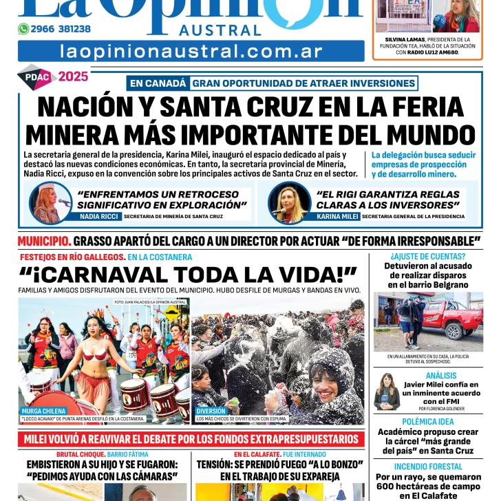 Tapa del Diario La Opinión Austral edición impresa del martes 4 de marzo de 2025, Río Gallegos, Santa Cruz, Argentina