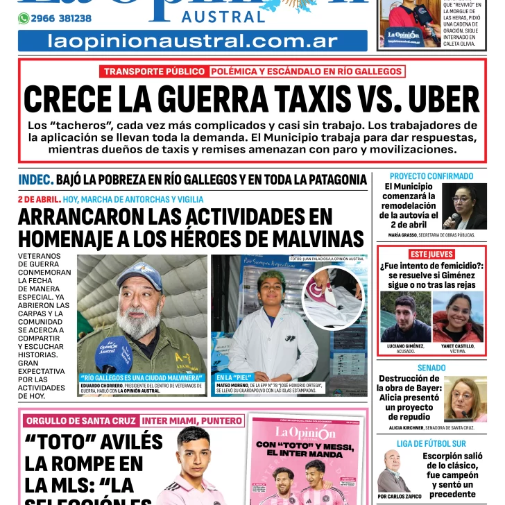 Tapa del Diario La Opinión Austral edición impresa del martes 1 de abril de 2025, Río Gallegos, Santa Cruz, Argentina