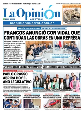Tapa del Diario La Opinión Austral edición impresa del viernes 7 de marzo de 2025, Río Gallegos, Santa Cruz, Argentina