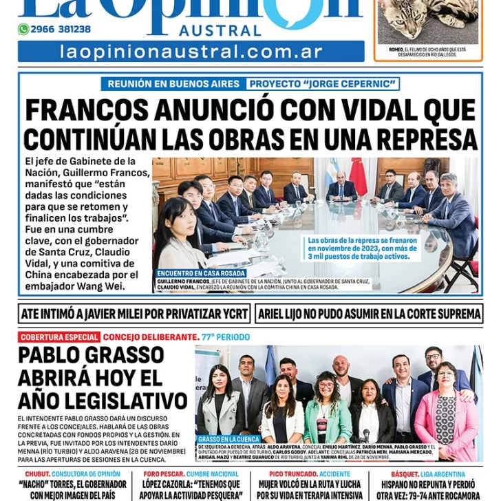 Tapa del Diario La Opinión Austral edición impresa del viernes 7 de marzo de 2025, Río Gallegos, Santa Cruz, Argentina