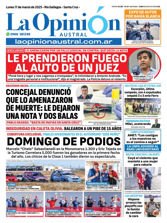 Tapa del Diario La Opinión Austral edición impresa del lunes 17 de marzo de 2025, Río Gallegos, Santa Cruz, Argentina