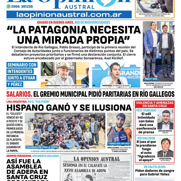 Tapa del Diario La Opinión Austral edición impresa del martes 18 de marzo de 2025, Río Gallegos, Santa Cruz, Argentina