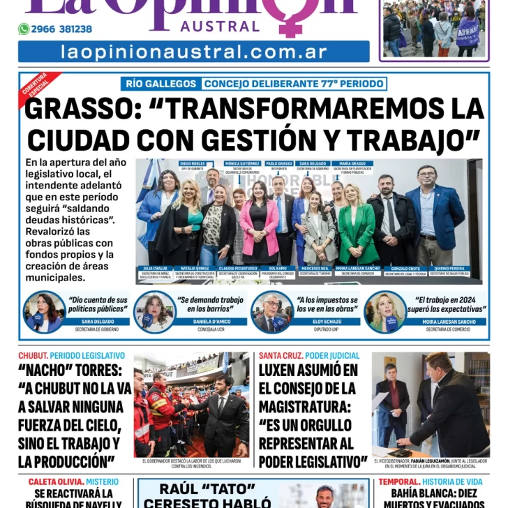 Tapa del Diario La Opinión Austral edición impresa del sábado 8 de marzo de 2025, Río Gallegos, Santa Cruz, Argentina