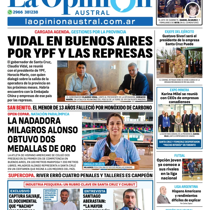 Tapa del Diario La Opinión Austral edición impresa del jueves 6 de marzo de 2025, Río Gallegos, Santa Cruz, Argentina