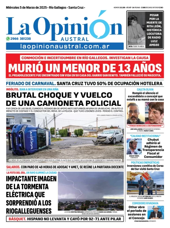 Tapa del Diario La Opinión Austral edición impresa del miércoles 5 de marzo de 2025, Río Gallegos, Santa Cruz, Argentina