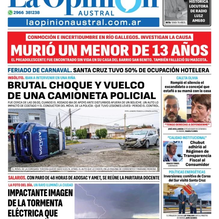 Tapa del Diario La Opinión Austral edición impresa del miércoles 5 de marzo de 2025, Río Gallegos, Santa Cruz, Argentina
