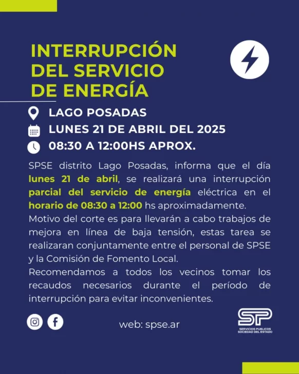 Corte de energía en Lago Posadas para este lunes: cuánto durará Corte de energía en Lago Posadas para este lunes: cuánto durará