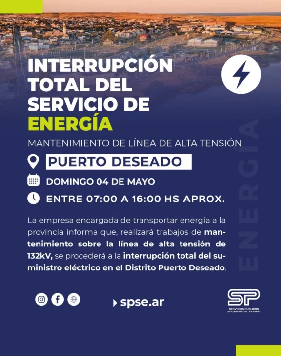 Corte total de energía en Puerto Deseado: cuándo será y cuánto durará