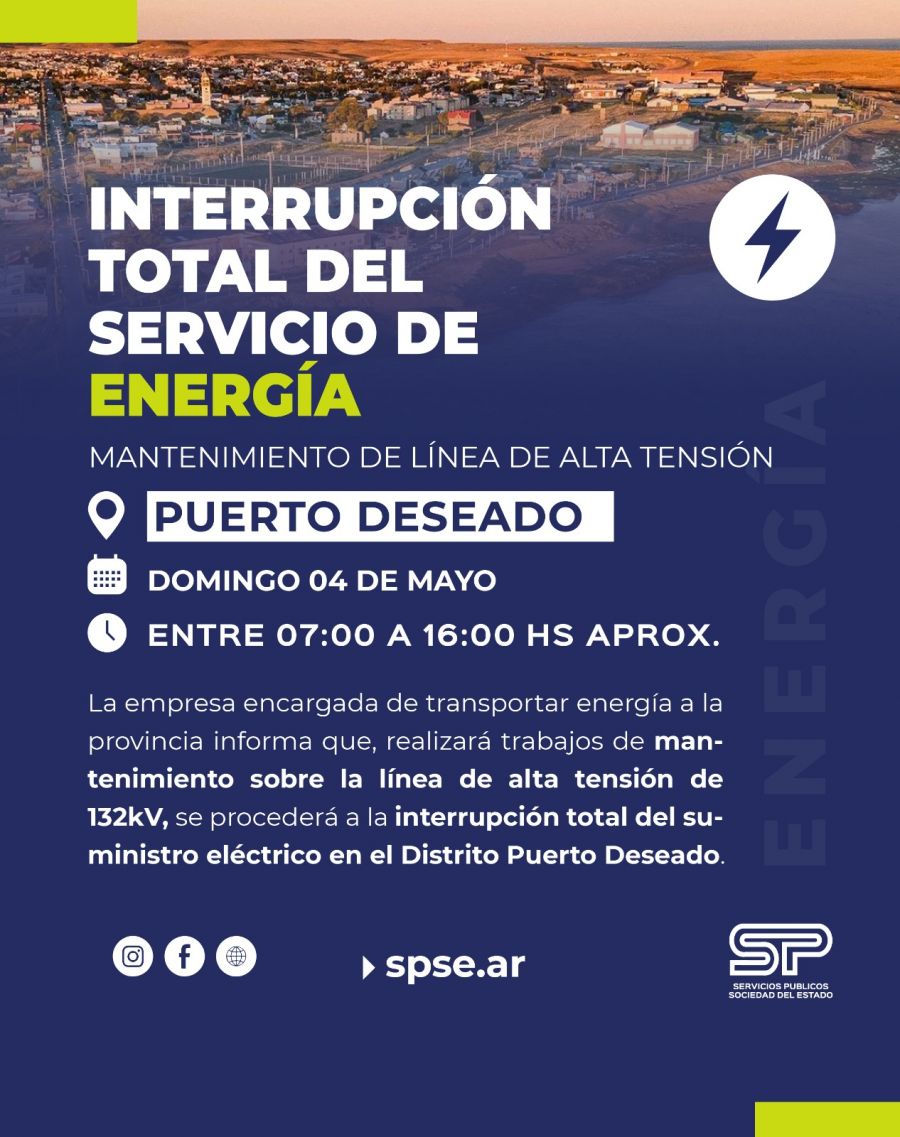 Corte total de energía en Puerto Deseado: cuándo será y cuánto durará