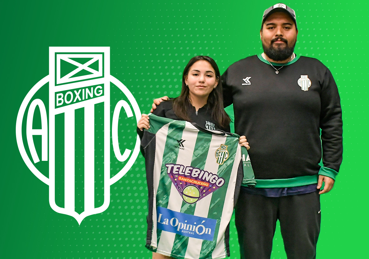  Ezequiel Gallegos (DT) y Anabella Contreras, posan con la camiseta de Boxing Club.