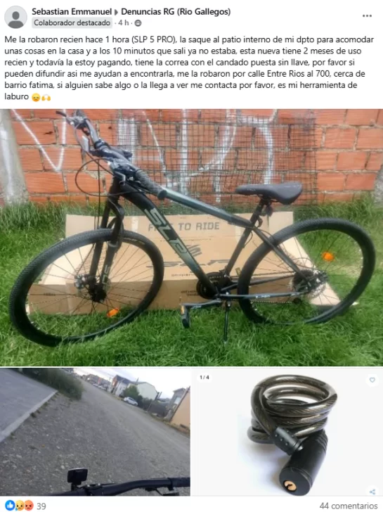Se compró una bicicleta para trabajar y se la robaron del patio de su vivienda