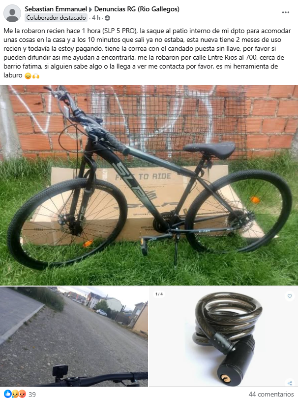 Se compró una bicicleta para trabajar y se la robaron del patio de su vivienda