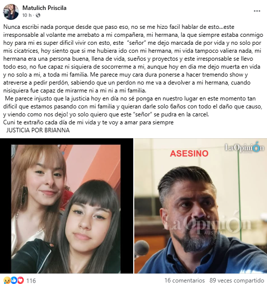 El desgarrador mensaje de Priscila Matulich, hermana de Brianna: “Me dejó muerta en vida”