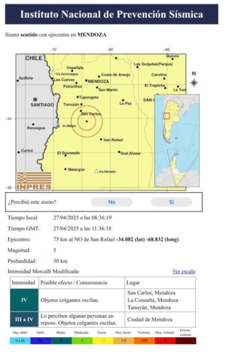 Un fuerte sismo de 5 grados sacudió a Mendoza este domingo Un fuerte sismo de 5 grados sacudió a Mendoza este domingo