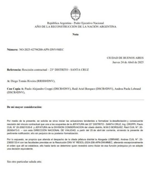 La disposición donde se le rescinde el vínculo a Croppi de Vialidad Nacional. La disposición donde se le rescinde el vínculo a Croppi de Vialidad Nacional.