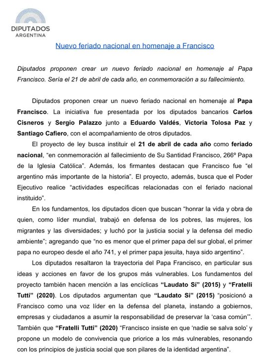 Proponen declarar el 21 de abril feriado nacional en homenaje al papa Francisco Proponen declarar el 21 de abril feriado nacional en homenaje al papa Francisco