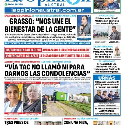 Tapa del Diario La Opinión Austral edición impresa del miércoles 16 de abril de 2025, Río Gallegos, Santa Cruz, Argentina
