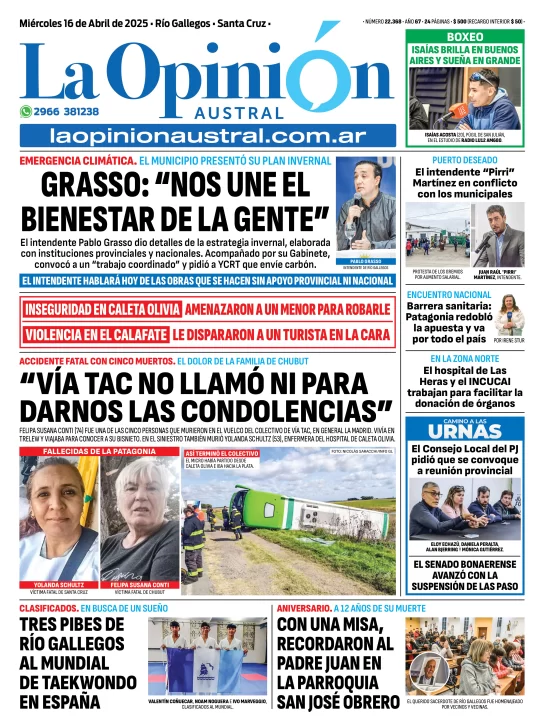 Tapa del Diario La Opinión Austral edición impresa del miércoles 16 de abril de 2025, Río Gallegos, Santa Cruz, Argentina
