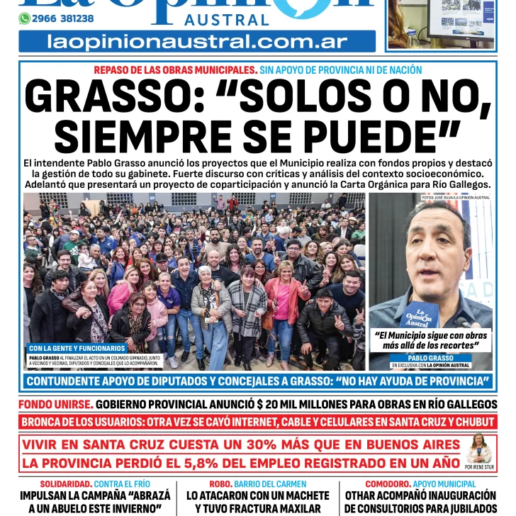 Tapa del Diario La Opinión Austral edición impresa del jueves 17 de abril de 2025, Río Gallegos, Santa Cruz, Argentina