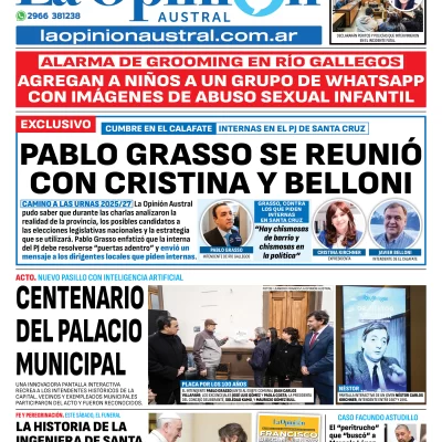 Tapa del Diario La Opinión Austral edición impresa del miércoles 23 de abril de 2025, Río Gallegos, Santa Cruz, Argentina