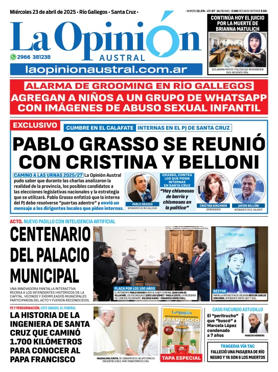 Tapa del Diario La Opinión Austral edición impresa del miércoles 23 de abril de 2025, Río Gallegos, Santa Cruz, Argentina